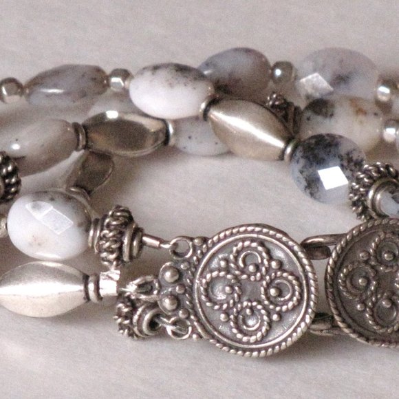 NWT 7" Pink Opal & Bali Silver Triple-Stranded Artisan Bracelet - Picture 2 of 9